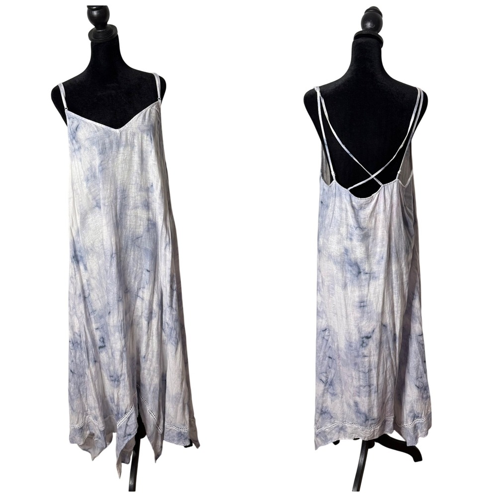 Rachel Zoe Tie Dye Linen BOHO‎ Maxi Dress Handkerchief Hem Cover Up Size L